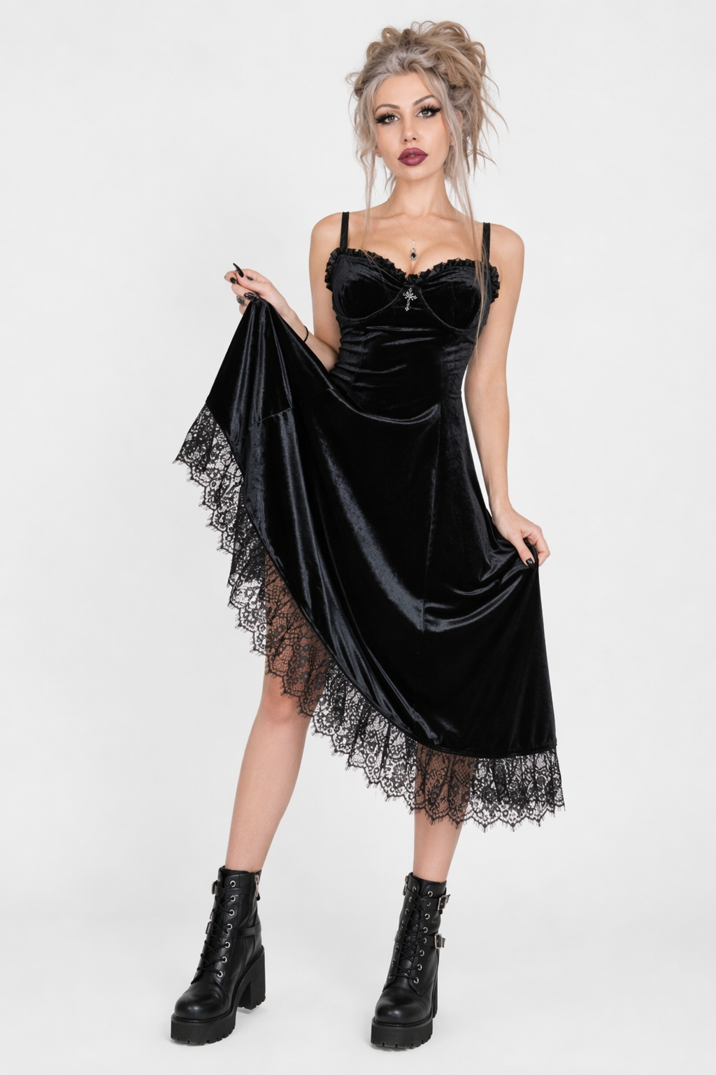 Lace Trimmed Velvet Dress with Bralette and Cross Embellishment Black