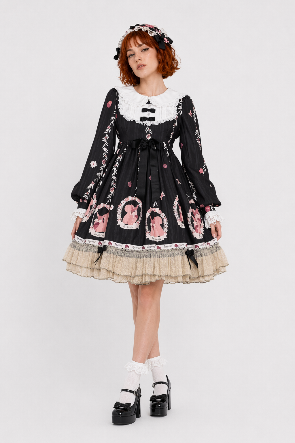 Gorgeous Lolita Dress with Squirrel Cameo in Various Colors and Sleeves black long sleeve