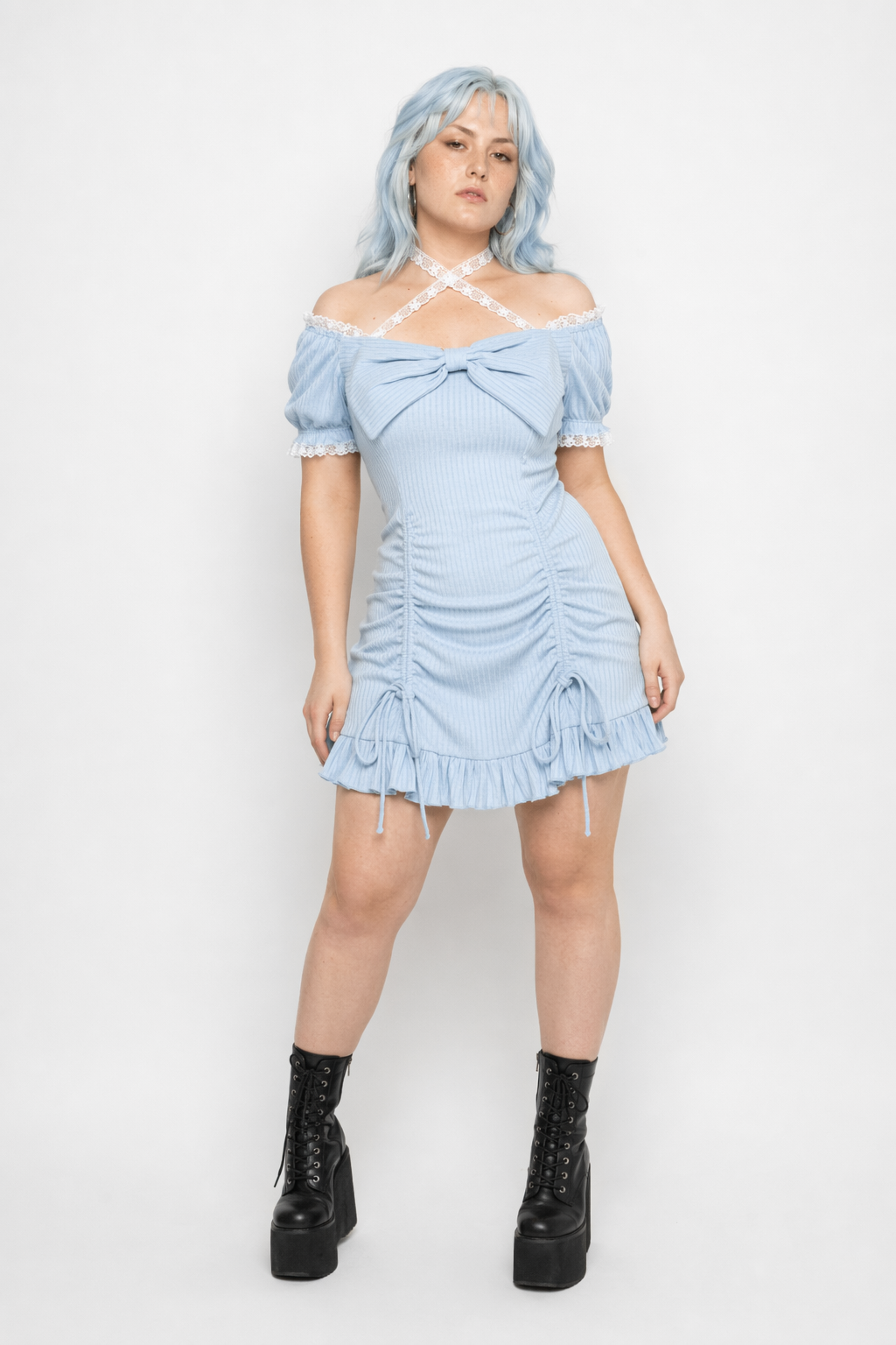Baby Blue Lace Embellished Sweater Dress with Ruffled Trim M