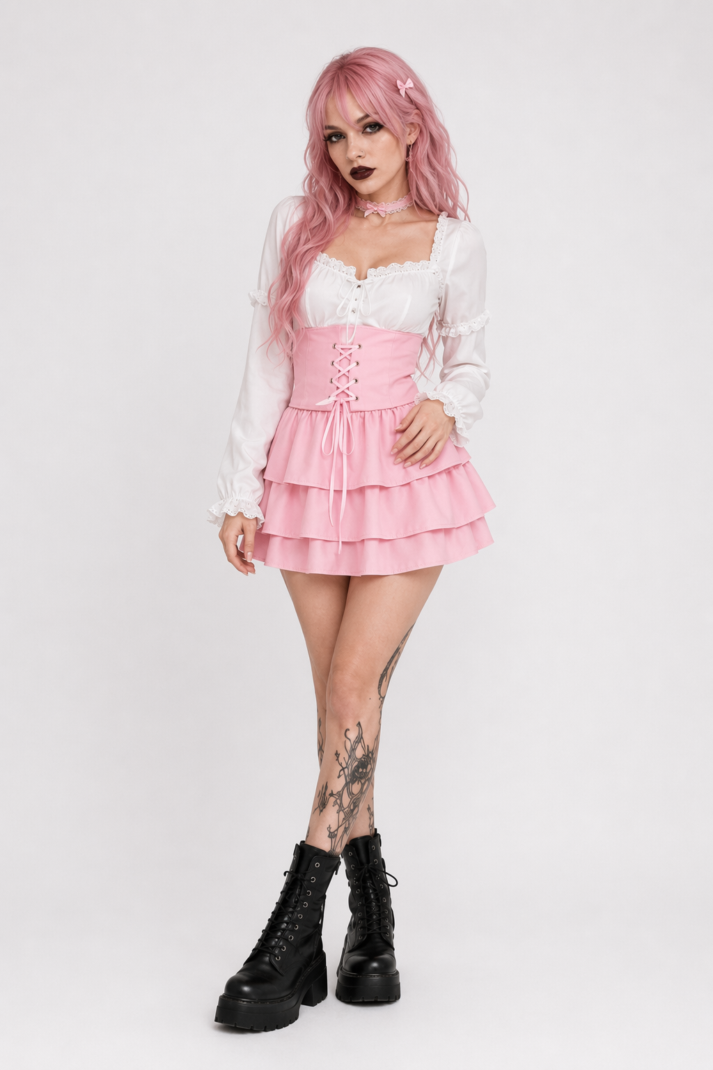 Pink and White Lace-Up Corset Tennis Skirt with Ribbons Pink