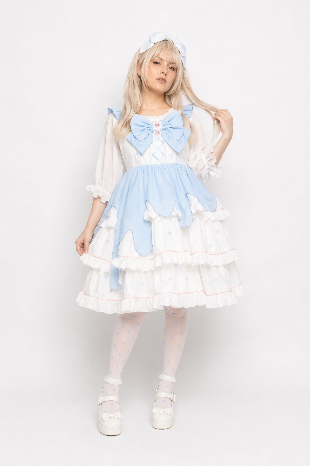 Sweet Pastel Blue Polkadot Lolita Dress with Luxurious Details M