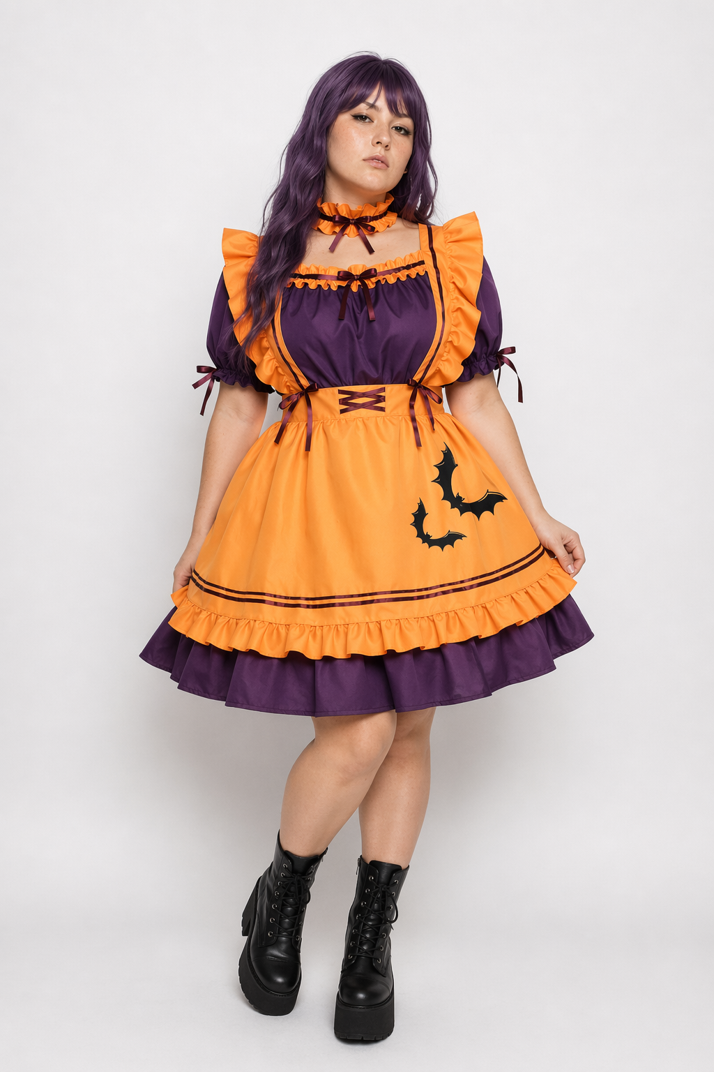 Black and Eggplant Purple Halloween Inspired Maid Lolita Dress 47cm Width XXXL