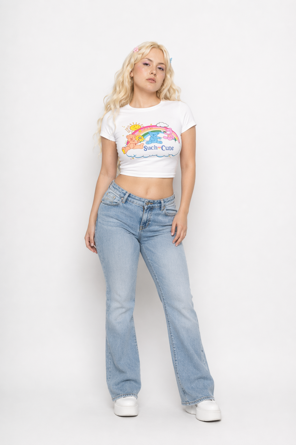 Care Bears Inspired Bright White Crop Top for Kawaii Fashion L