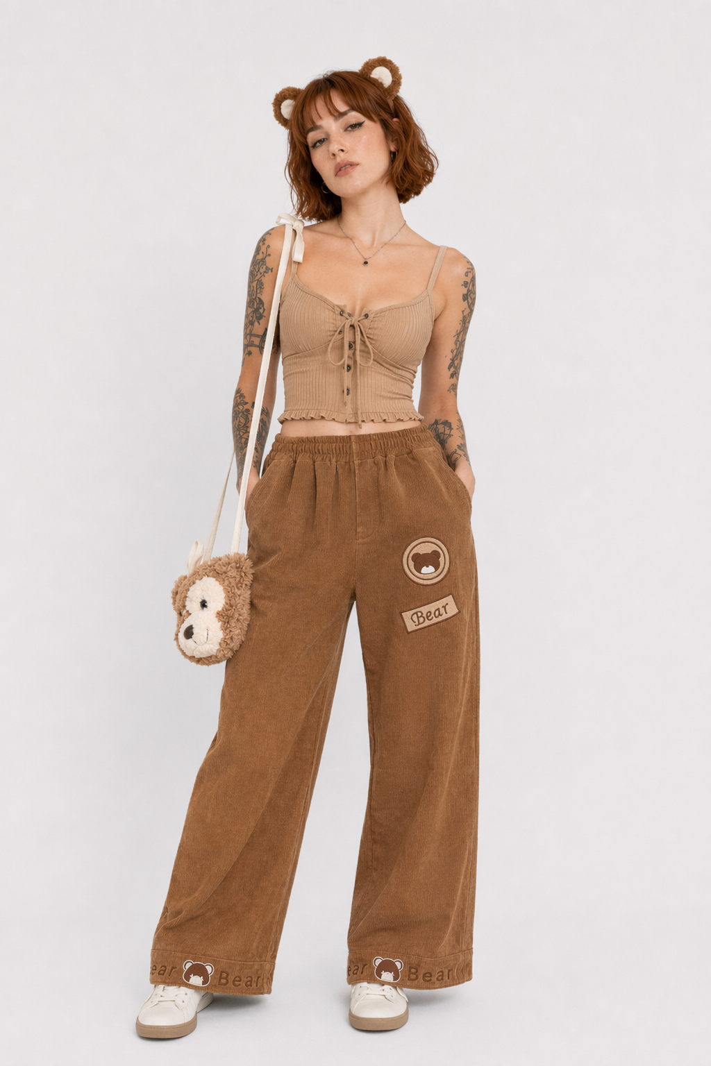 Cute Brown Baby Bear Corduroy Pants for Cottagecore Aesthetic Brown