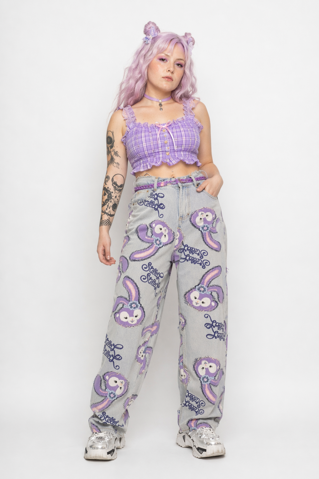 Milky Pastel Fairy Kei Patchwork Jeans with Frayed Edges L