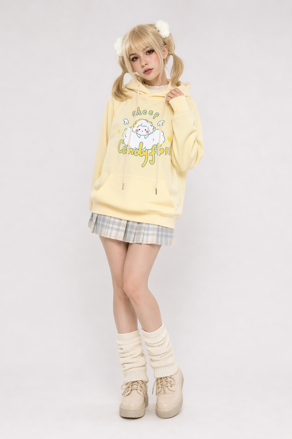 Kawaii Pastel Yellow Baby Sheep Hoodie with Angel Wings M