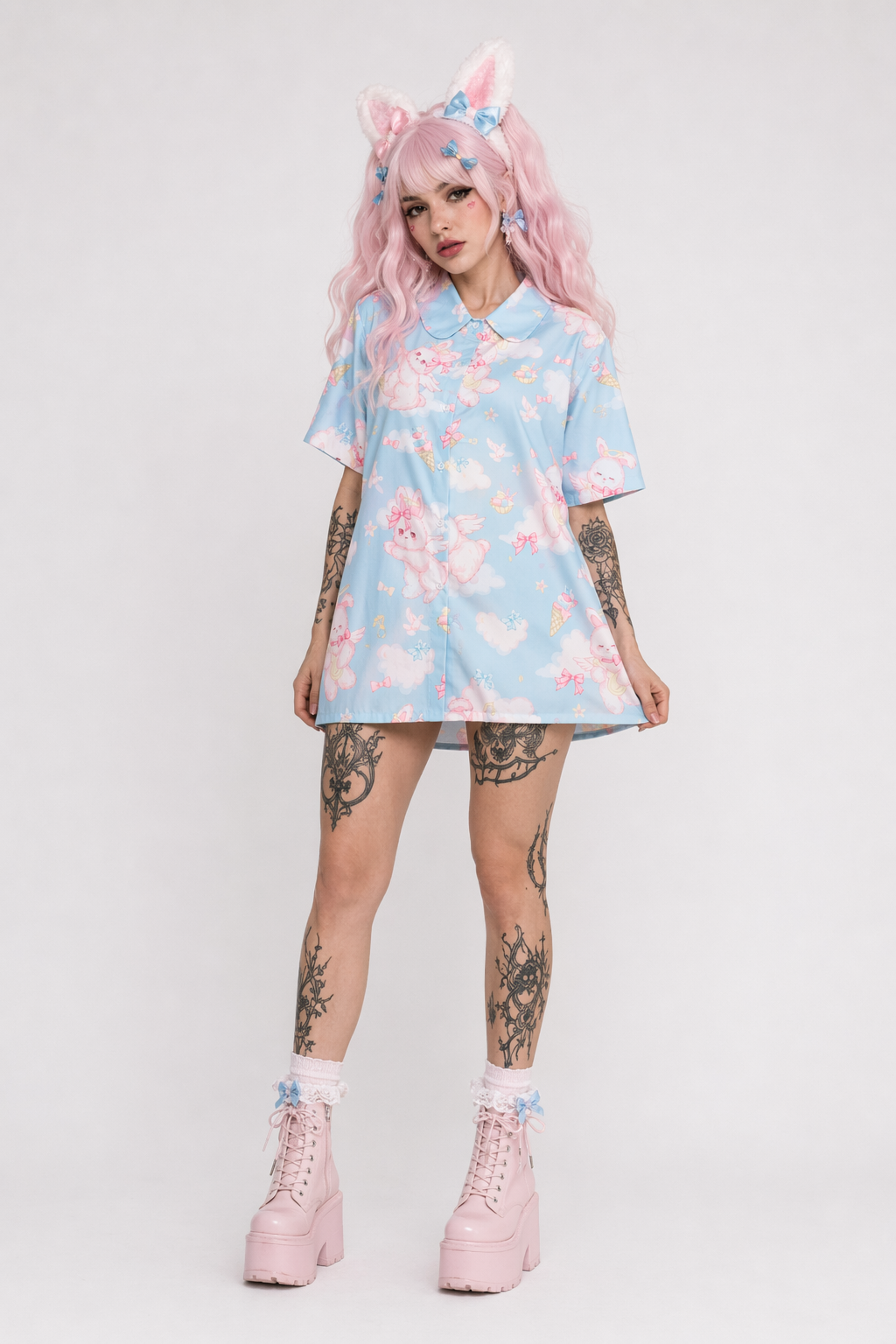 Angel Bunny Button-Up for Ultimate Kawaii Comfort and Irresistible Cuteness Blue