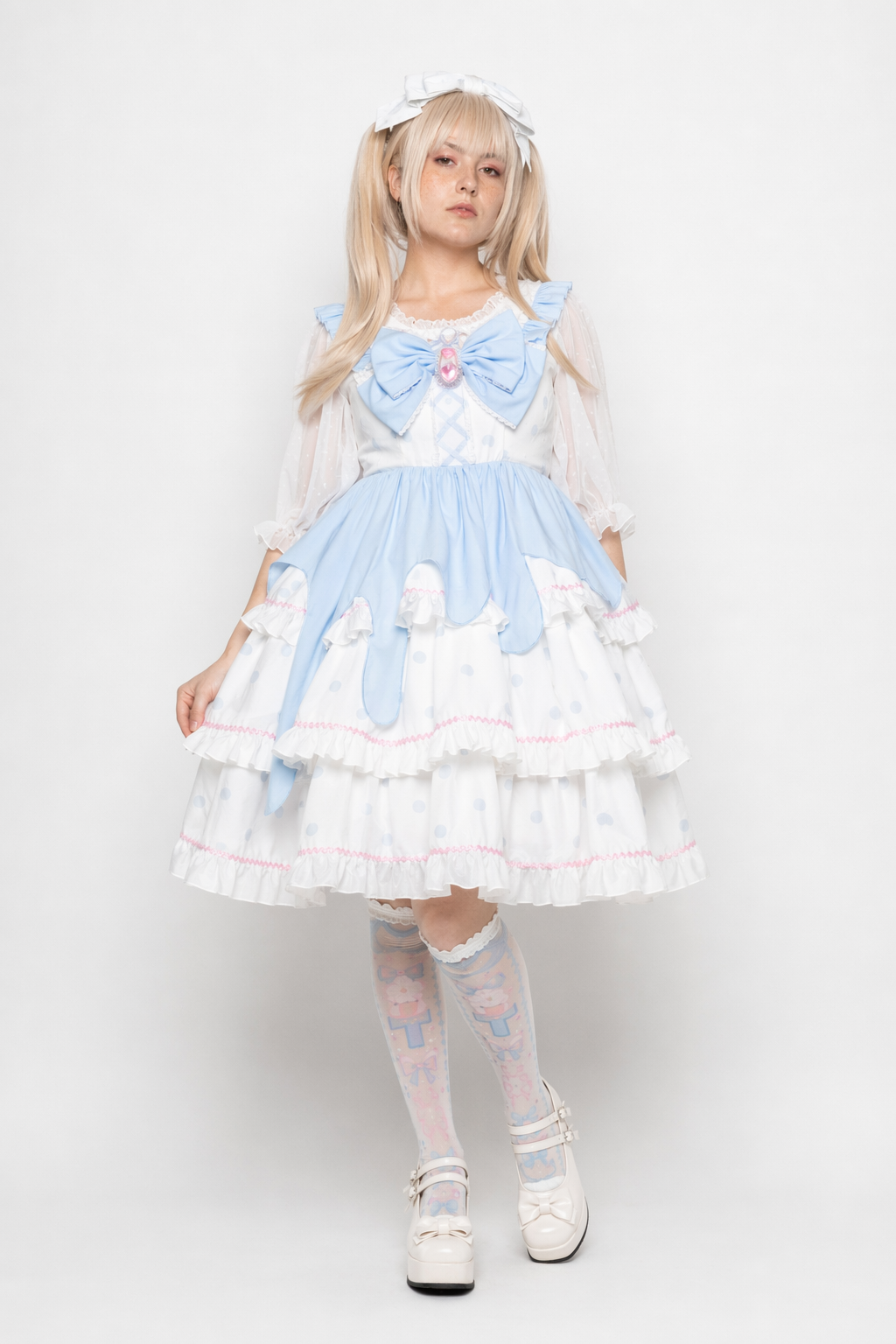 Sweet Pastel Blue Polkadot Lolita Dress with Luxurious Details S