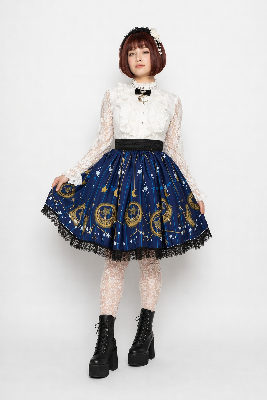 Gothic Lolita Steampunk Skirt with Ruffles and Constellation Print XXL