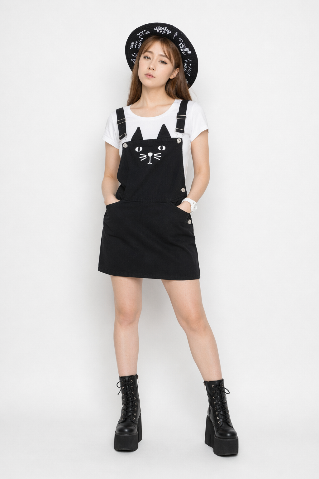 Adorable Black Jean Romper with Neko Cat Face Design L