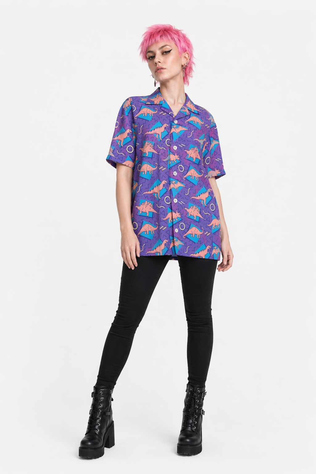Purple and Blue Dinosaur Button Up Retro 90s Dino Tee L