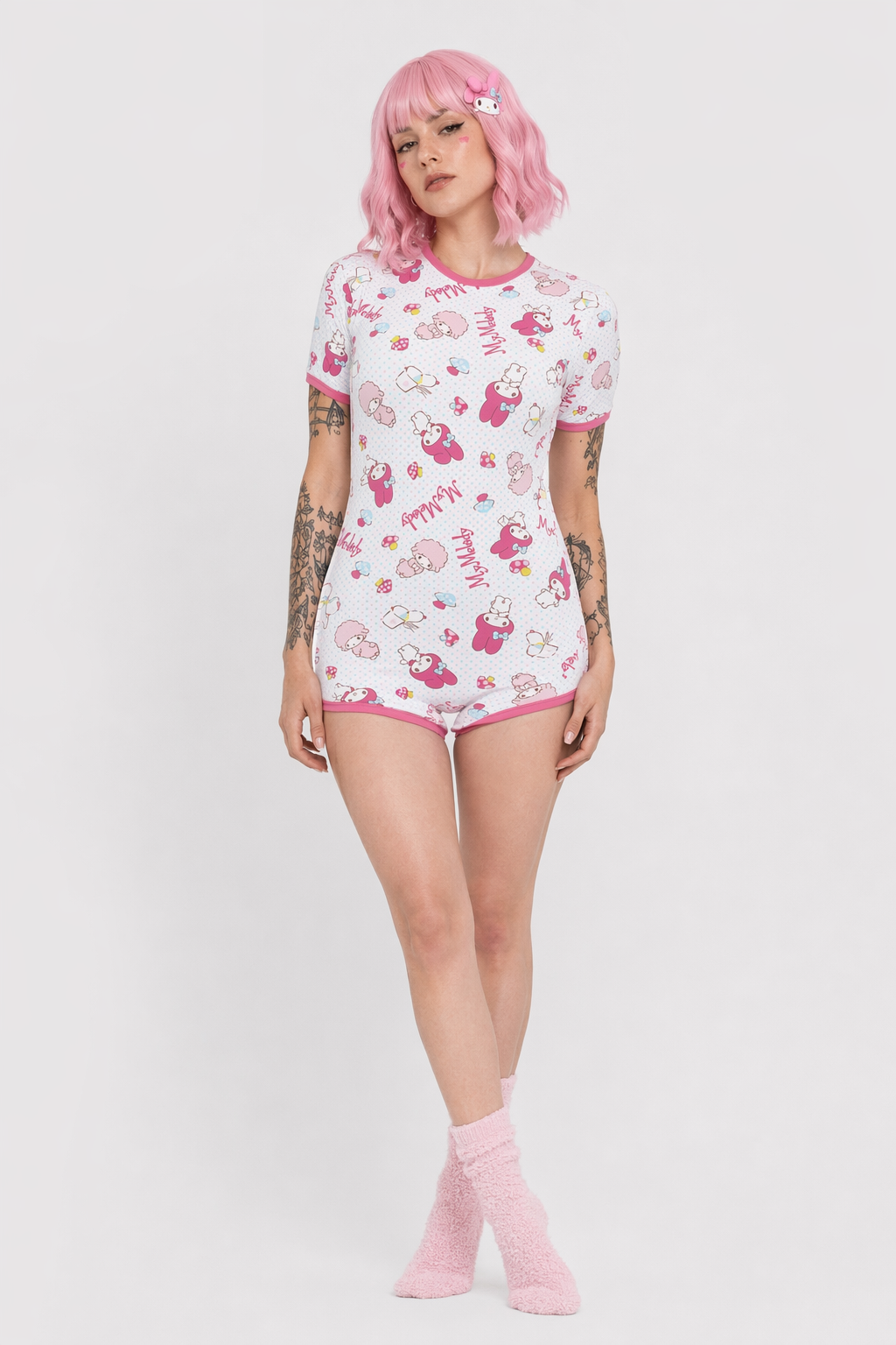 Pink My Melody Bunny Adult Onesie with Snap Crotch for Cozy Lounging S
