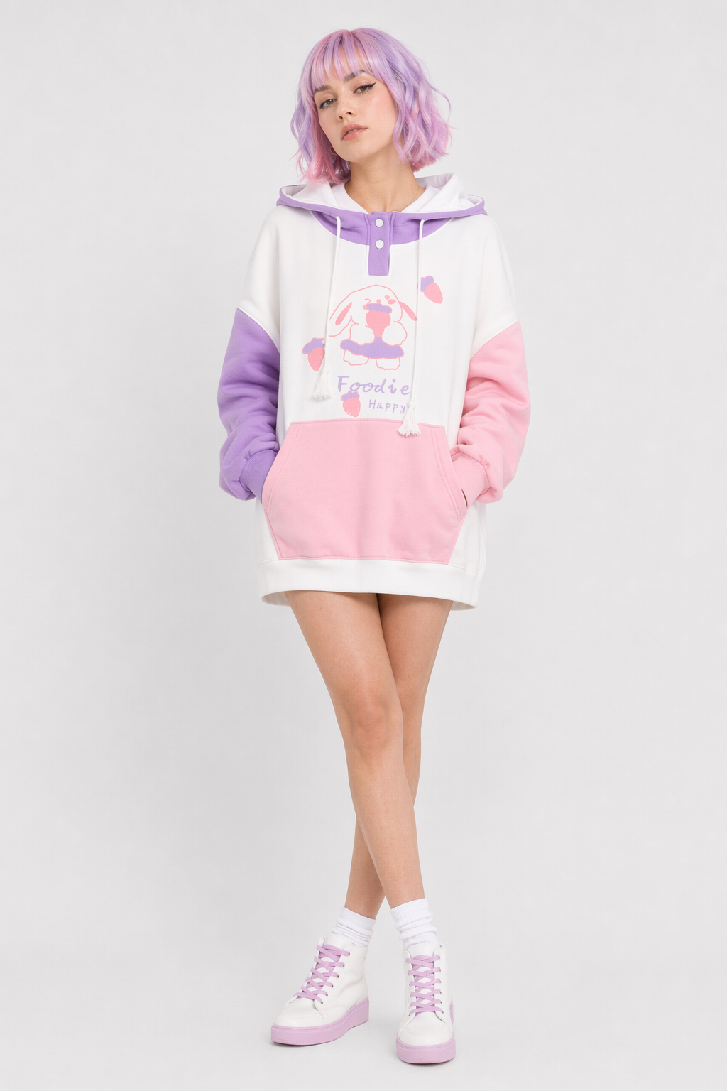 Foodie Bunny Hoodie in Pastel Color Block Style Purple