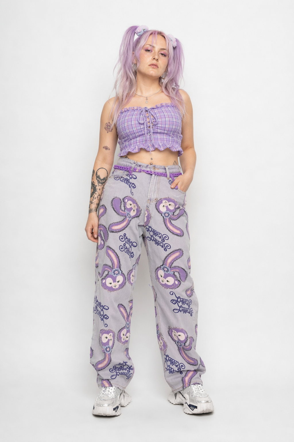 Milky Pastel Fairy Kei Patchwork Jeans with Frayed Edges S