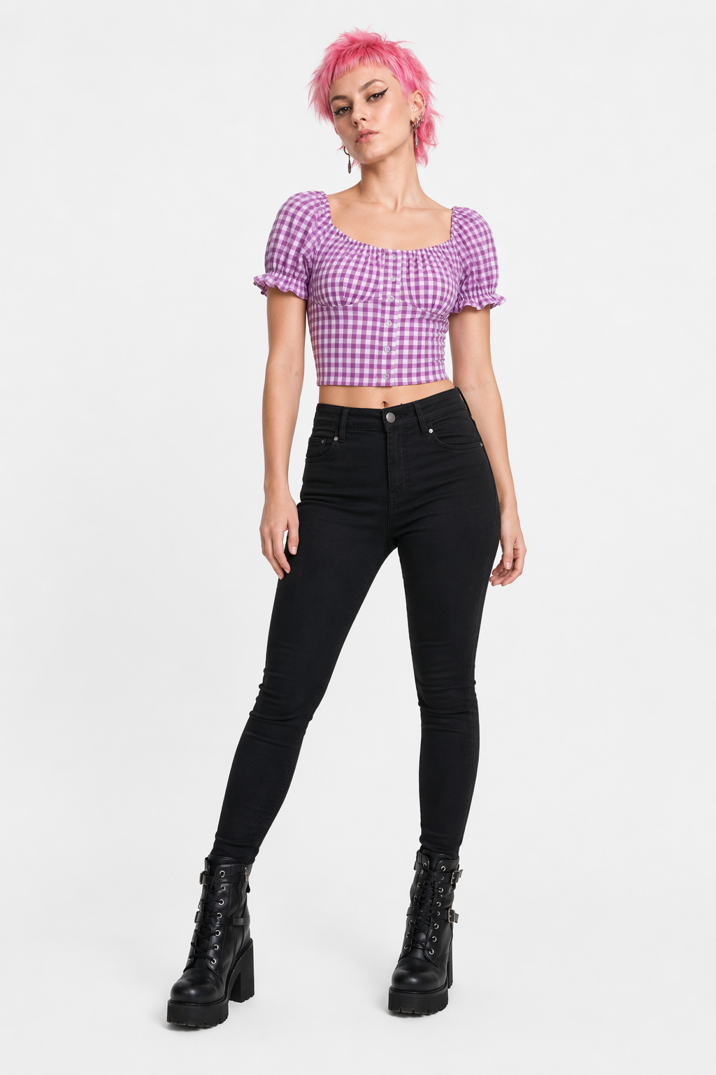 Rustic Country Baby Crop Sweetheart Button-Up Top In Stock Purple