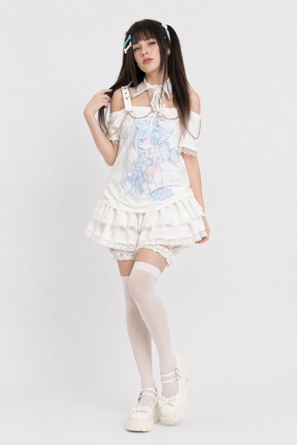 Pastel Menhera Off The Shoulder Tee for Kawaii Anime Lovers White