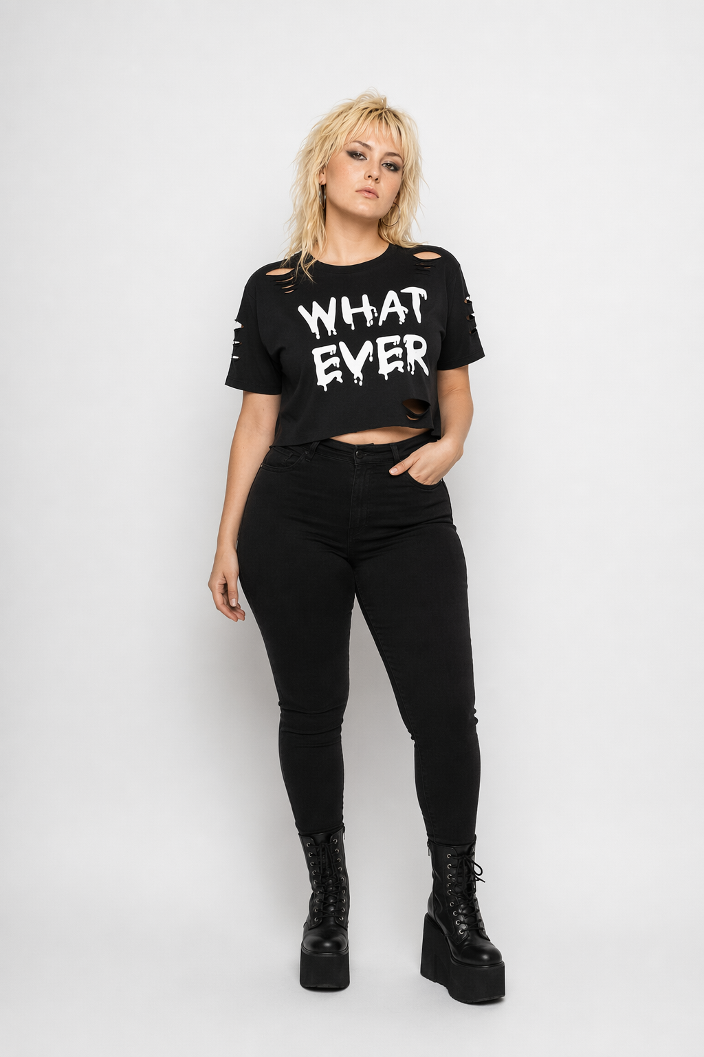 Cropped Punk Rock T-Shirt with Bold WHAT EVER Statement Default