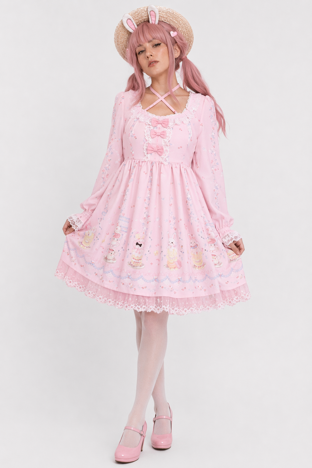 Pastel Bunny Rabbit Tea Party Lolita Dress Pink