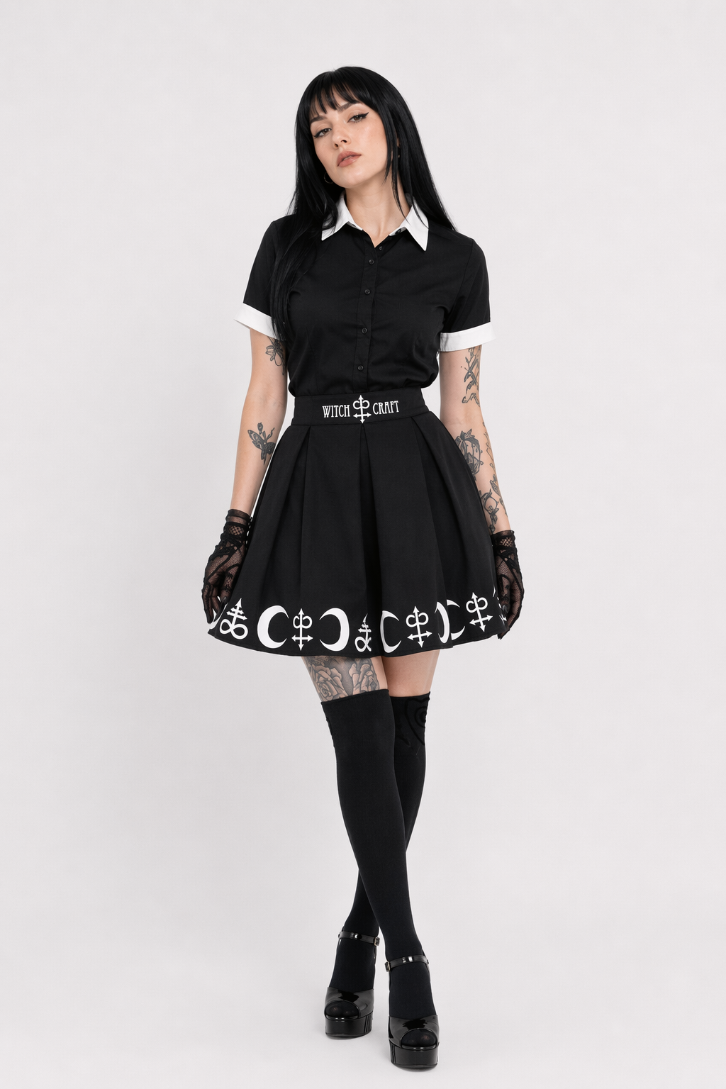 Gothic Witch Craft Pleated Skirt with Pentagram and Moon Design 4XL