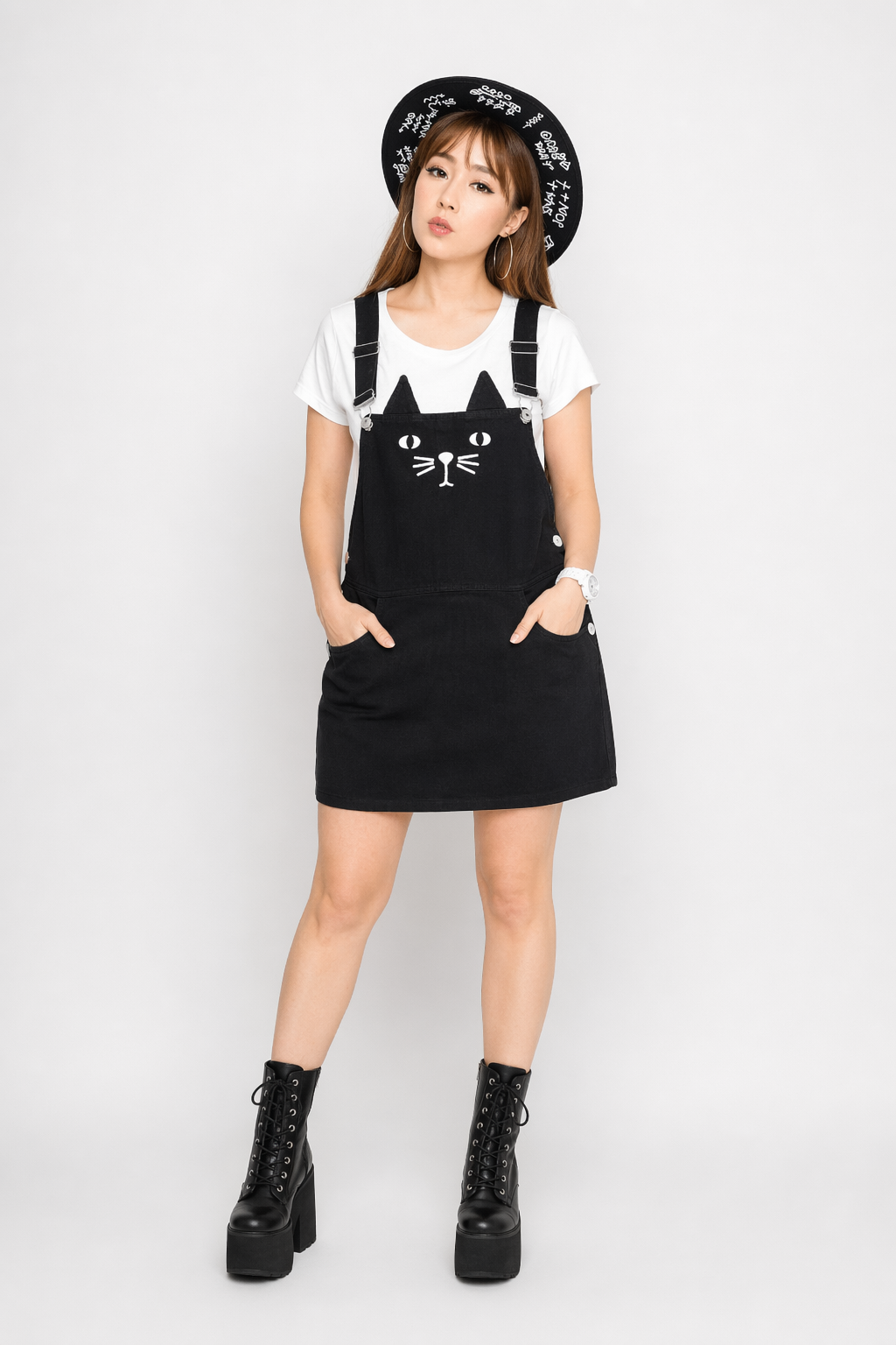 Adorable Black Jean Romper with Neko Cat Face Design XXL