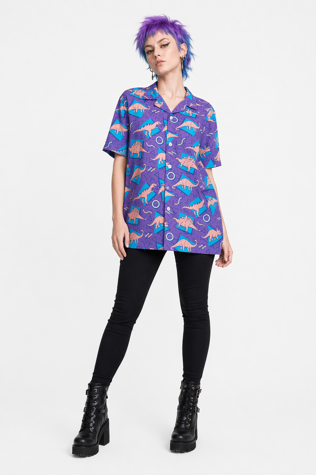 Purple and Blue Dinosaur Button Up Retro 90s Dino Tee 3XL