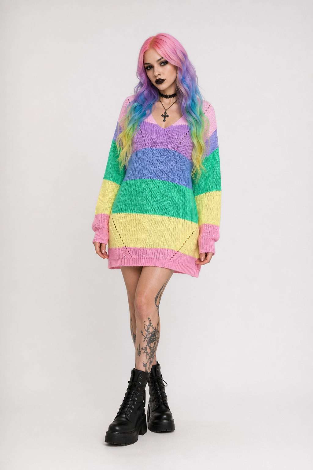 Cozy Long Sleeve Sweater Dress in Bright Rainbow Colors Org Instock Bright Rainbow Colors