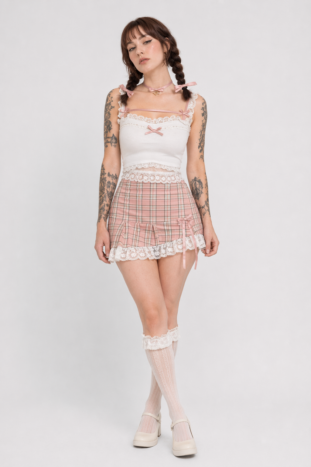 Ethereal Nymphette Knit Camisole with Lace Trim and Ribbons L