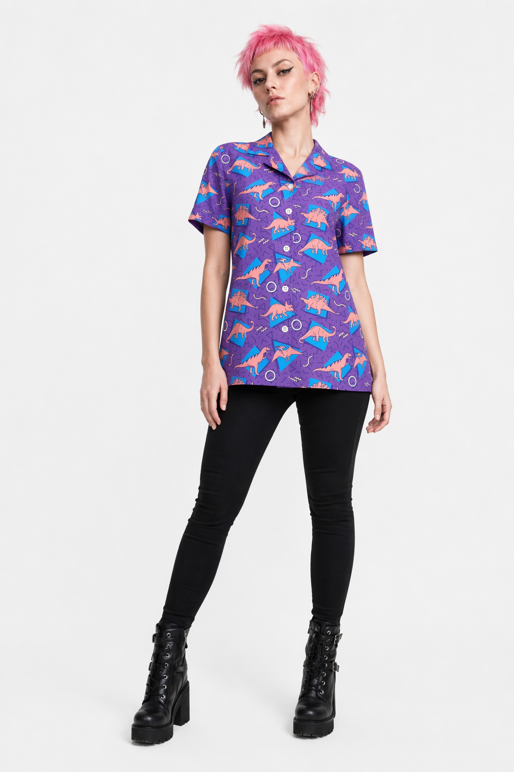 Purple and Blue Dinosaur Button Up Retro 90s Dino Tee S