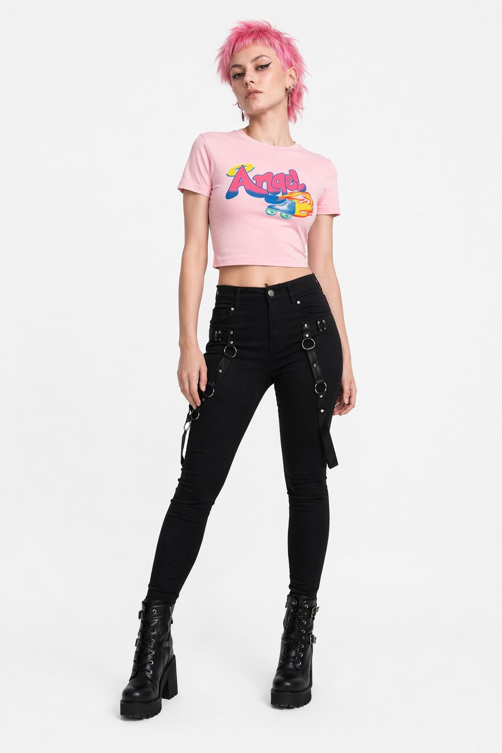 Pink 90s Retro Angel Crop Top with Rollerblades Print L