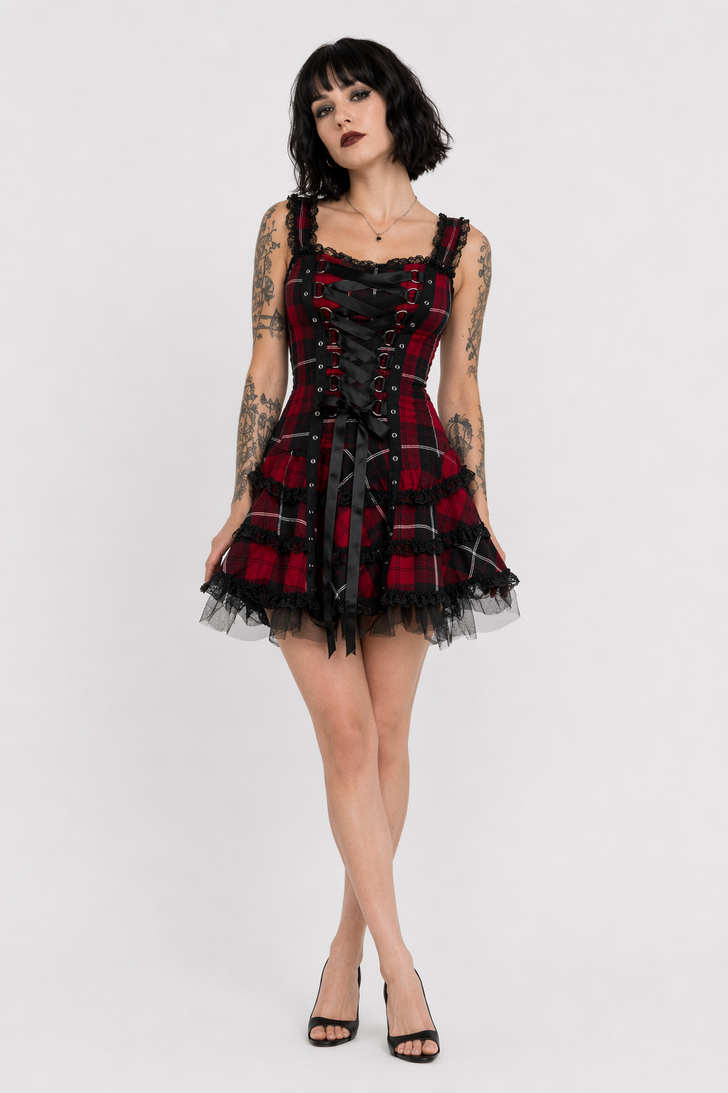 Spooky Tartan Plaid Lace-Up Gothic Dress for Dark Fashion Lovers Red
