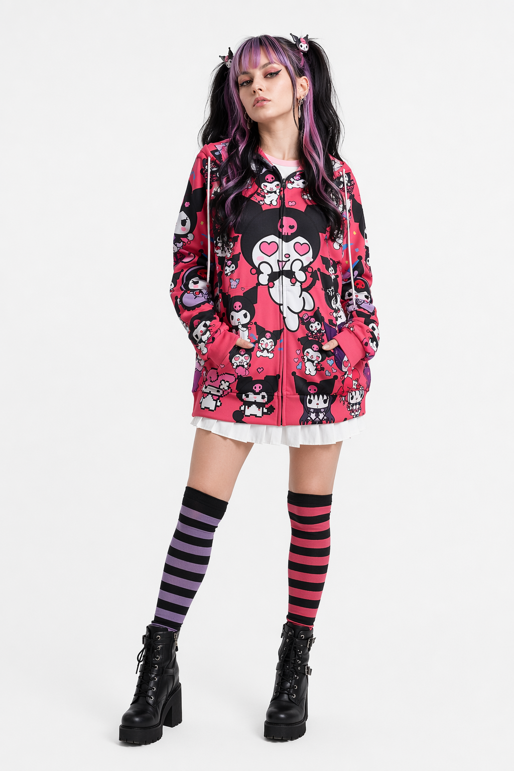 Pastel Goth Kuromi Inspired Long Sleeve Zip-Up Hoodie Pink