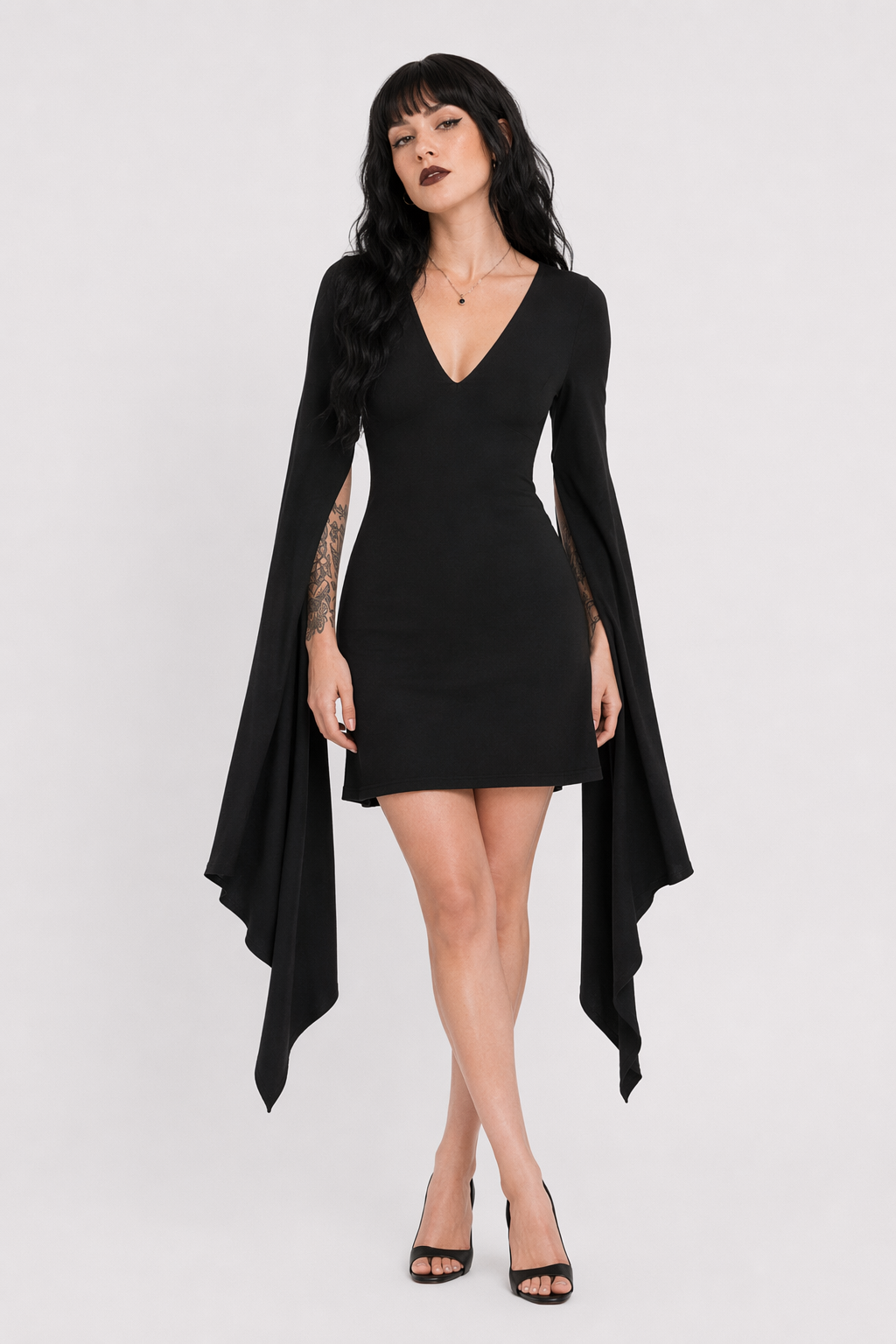 Black Gothic Forest Witch Dress with Flowy Wing Style Sleeves XXXL