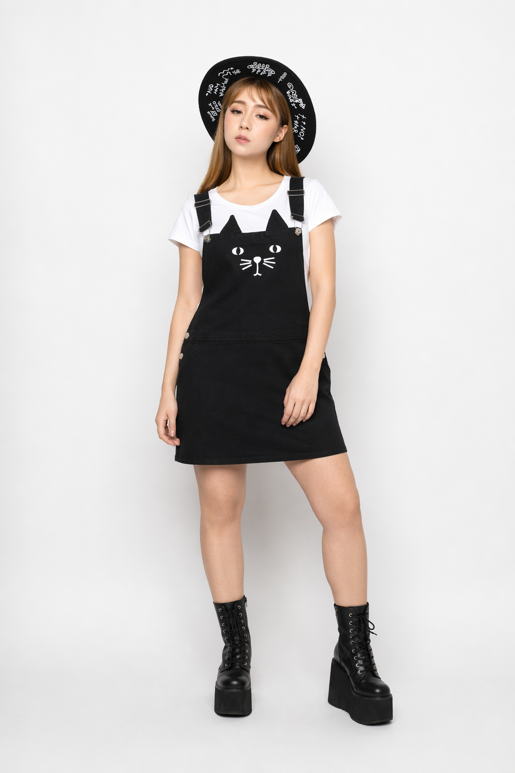 Adorable Black Jean Romper with Neko Cat Face Design 4XL