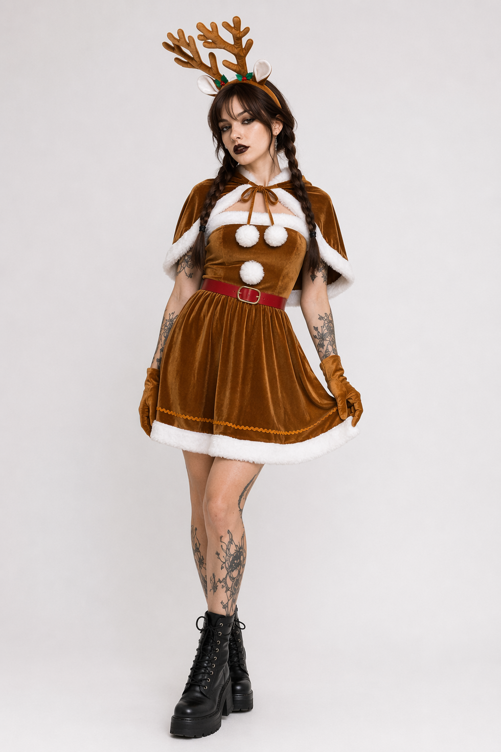 Soft Brown Reindeer-Inspired Holiday Dress and Cosplay Set With Shawl