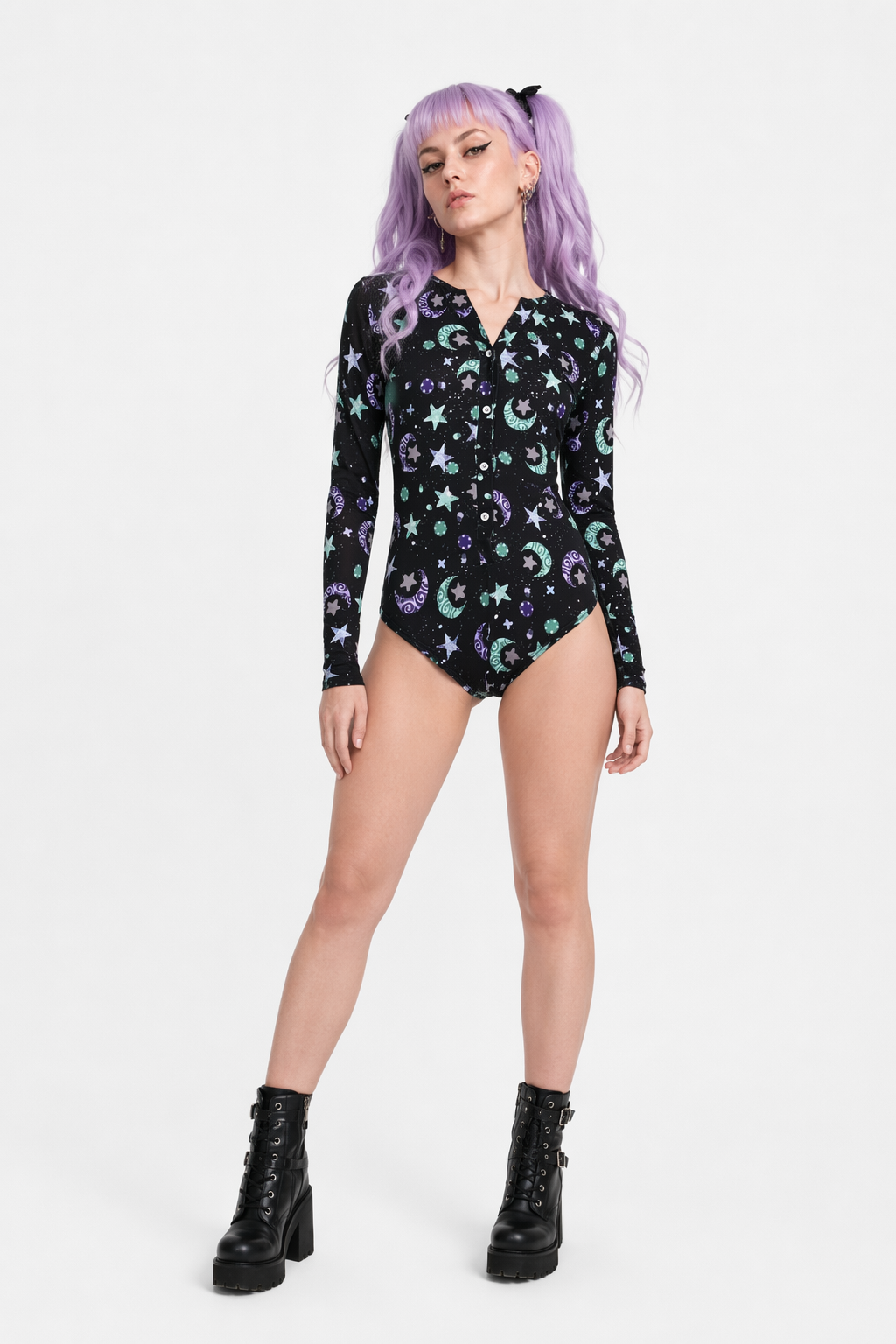 Kawaii Black Star and Moon Long Sleeve Sleeper Bodysuit L