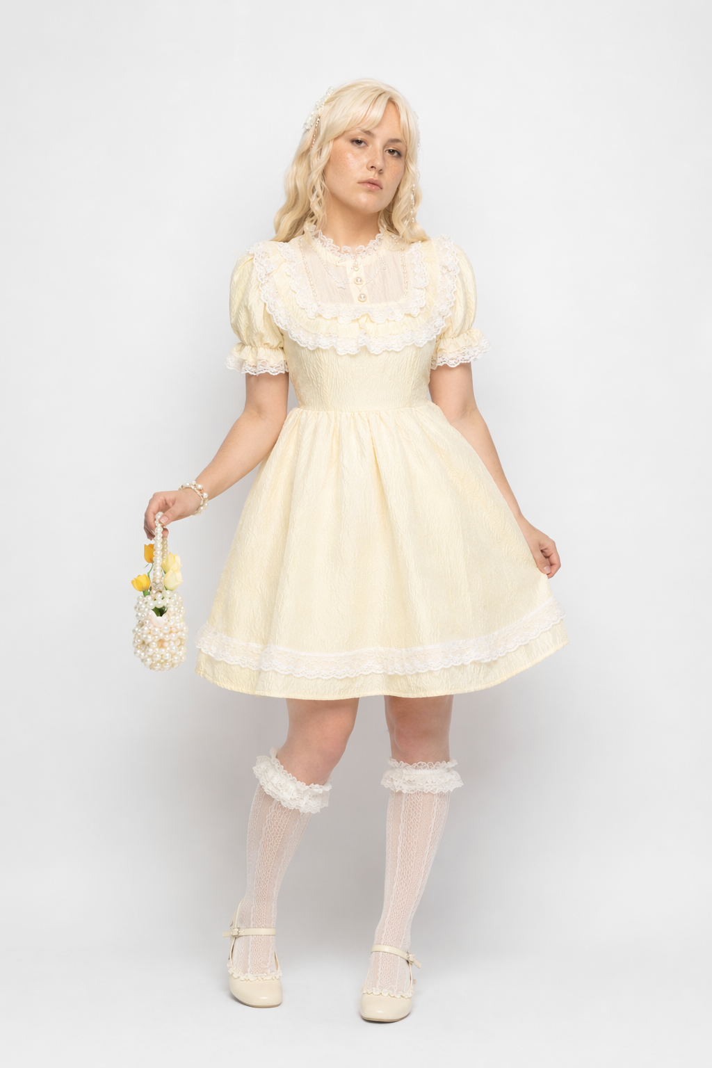 Pastel Yellow Floral Lace Angelic Dress with Poofy Sleeves M