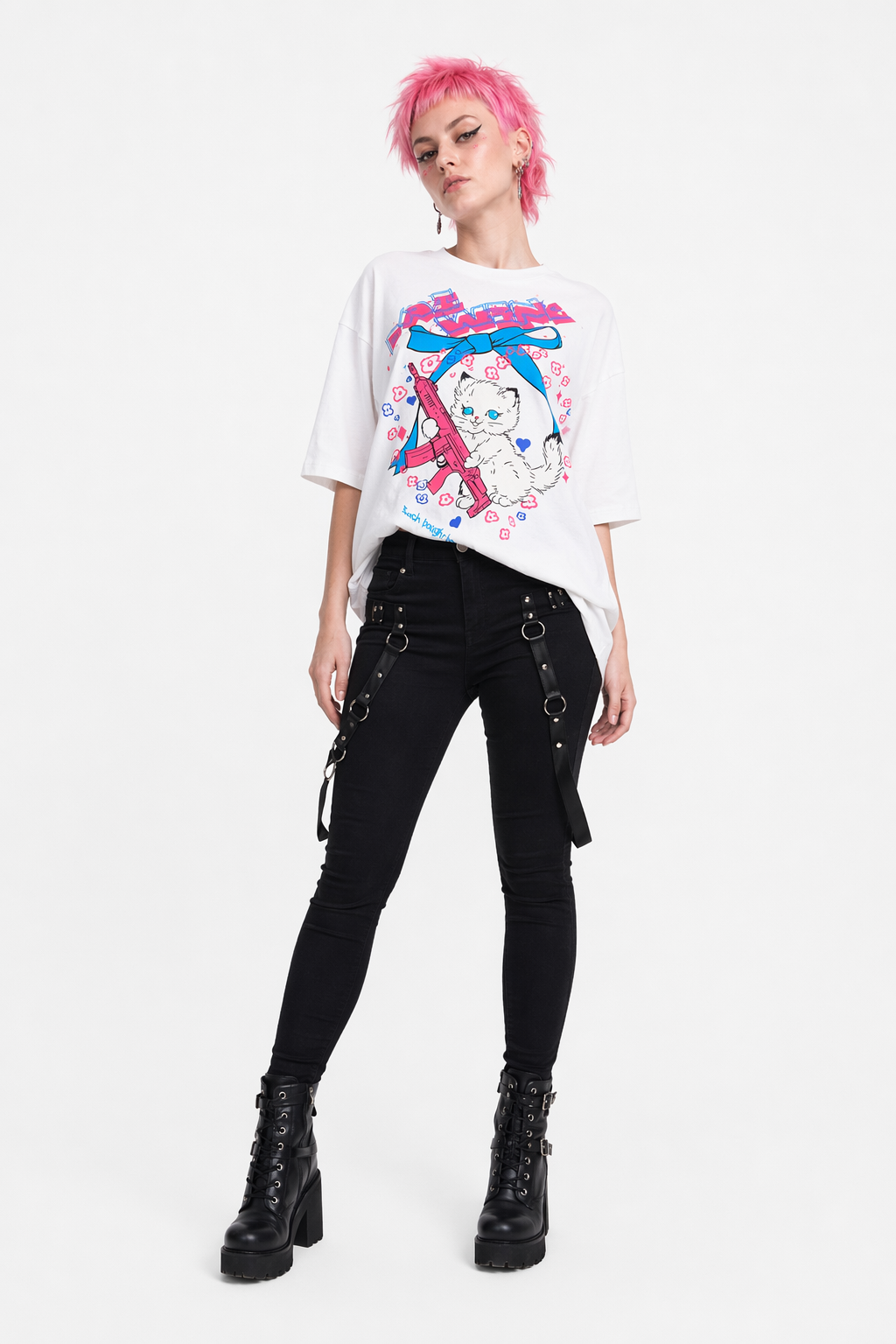 Kawaii Machine Gun Kitten T-Shirt In Stock for Daisy Duck Fans White
