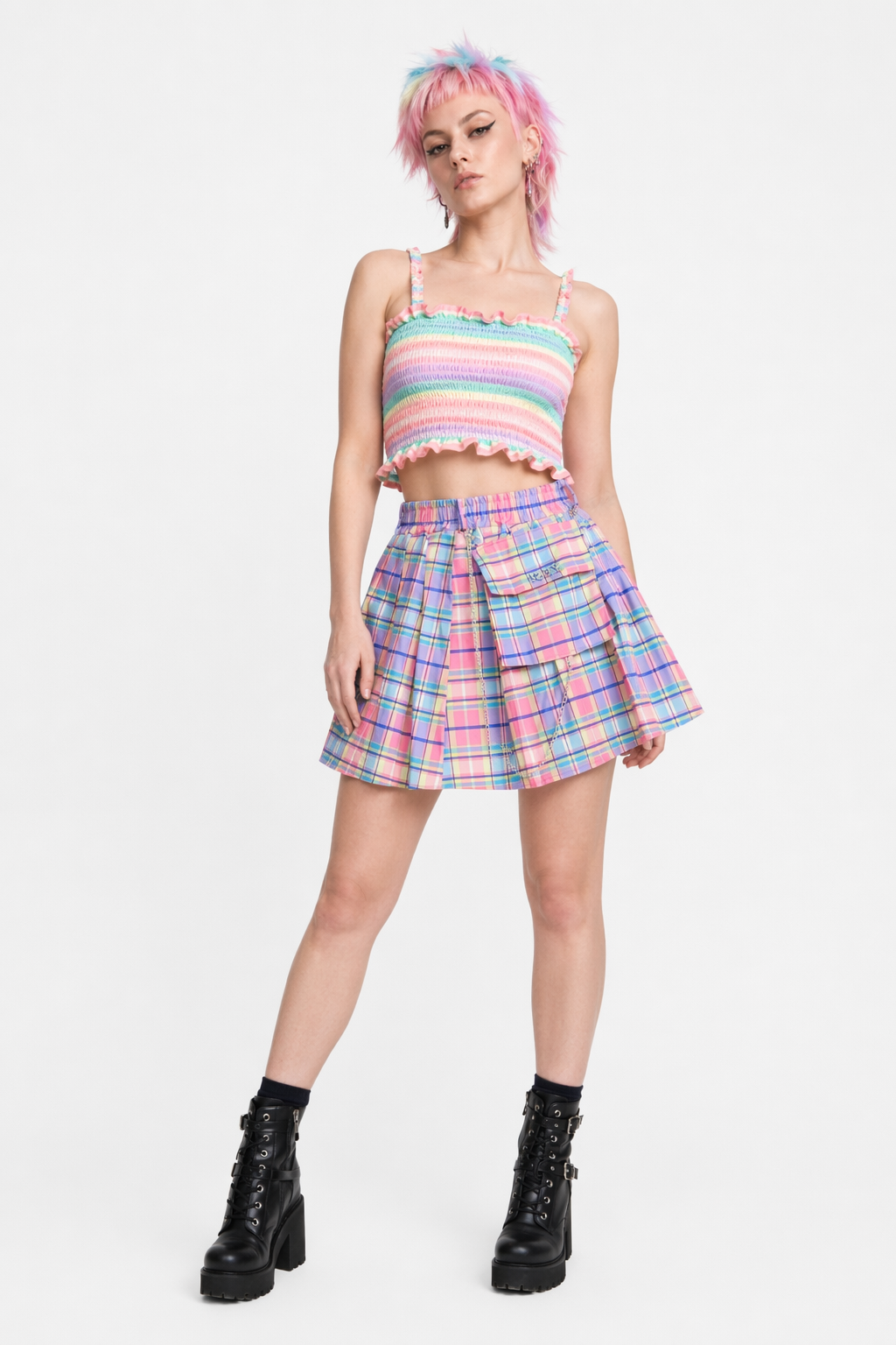 Bubblegum Rainbow Plaid Skirt with Cargo Pocket and Stretchy Waistband L