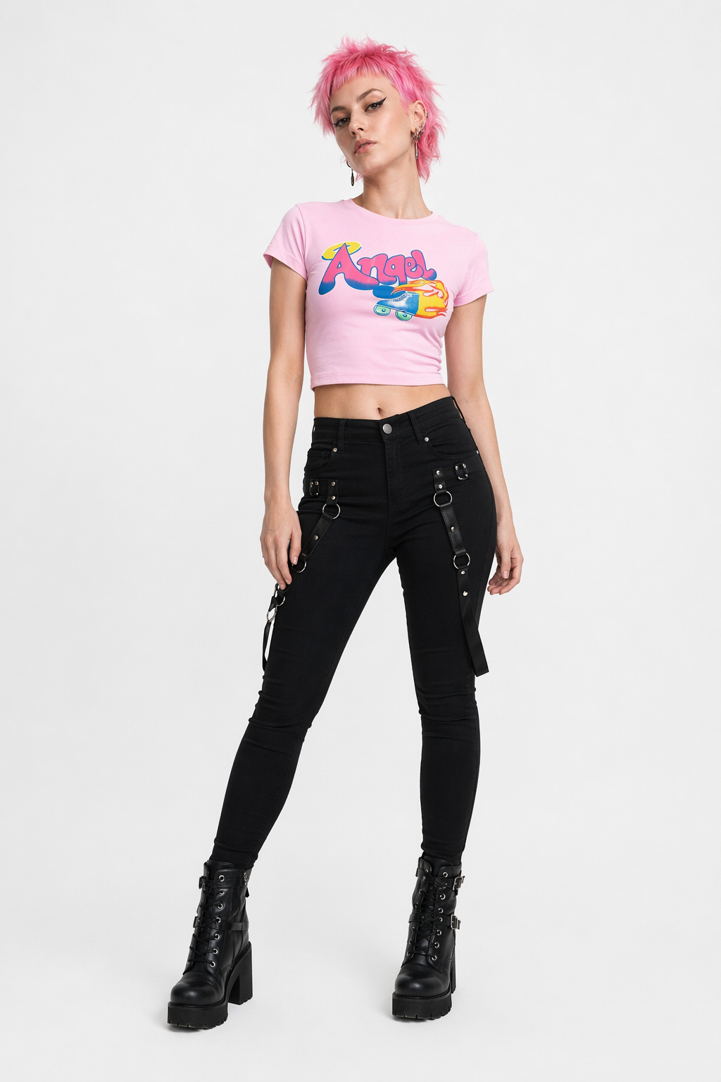 Pink 90s Retro Angel Crop Top with Rollerblades Print M