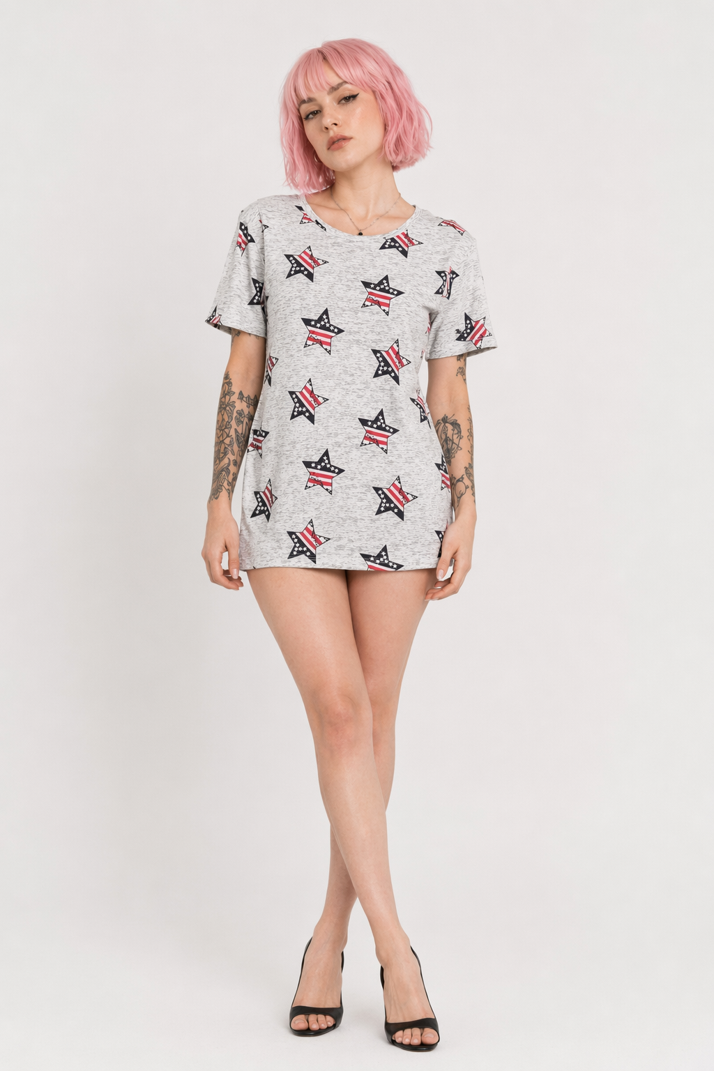Kawaii Fashion Short Sleeve T-Shirt in Heathered Grey or White Stars