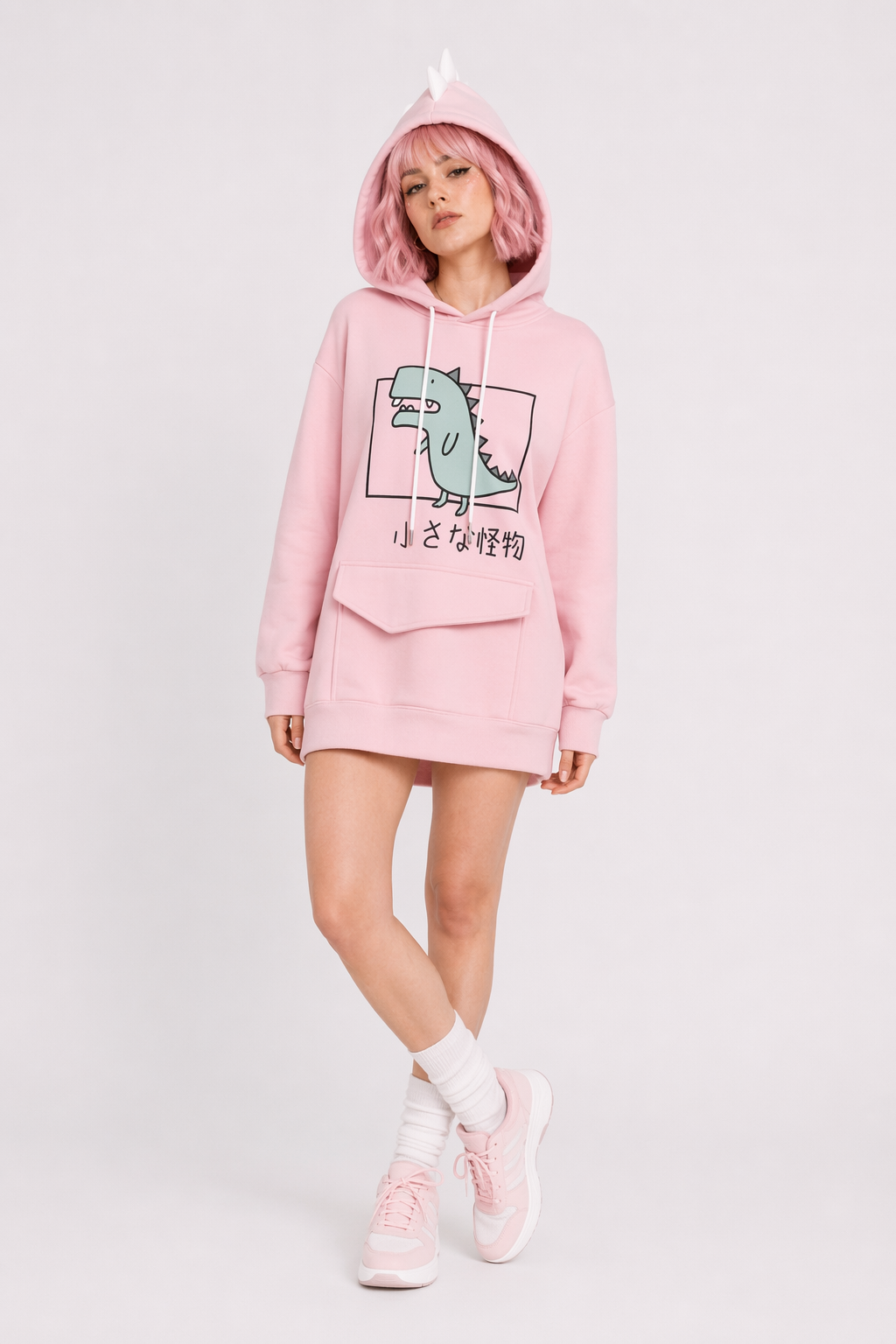 Kawaii Dinosaur Hoodie in Pastel Colors with Cute Japanese Writing Pink