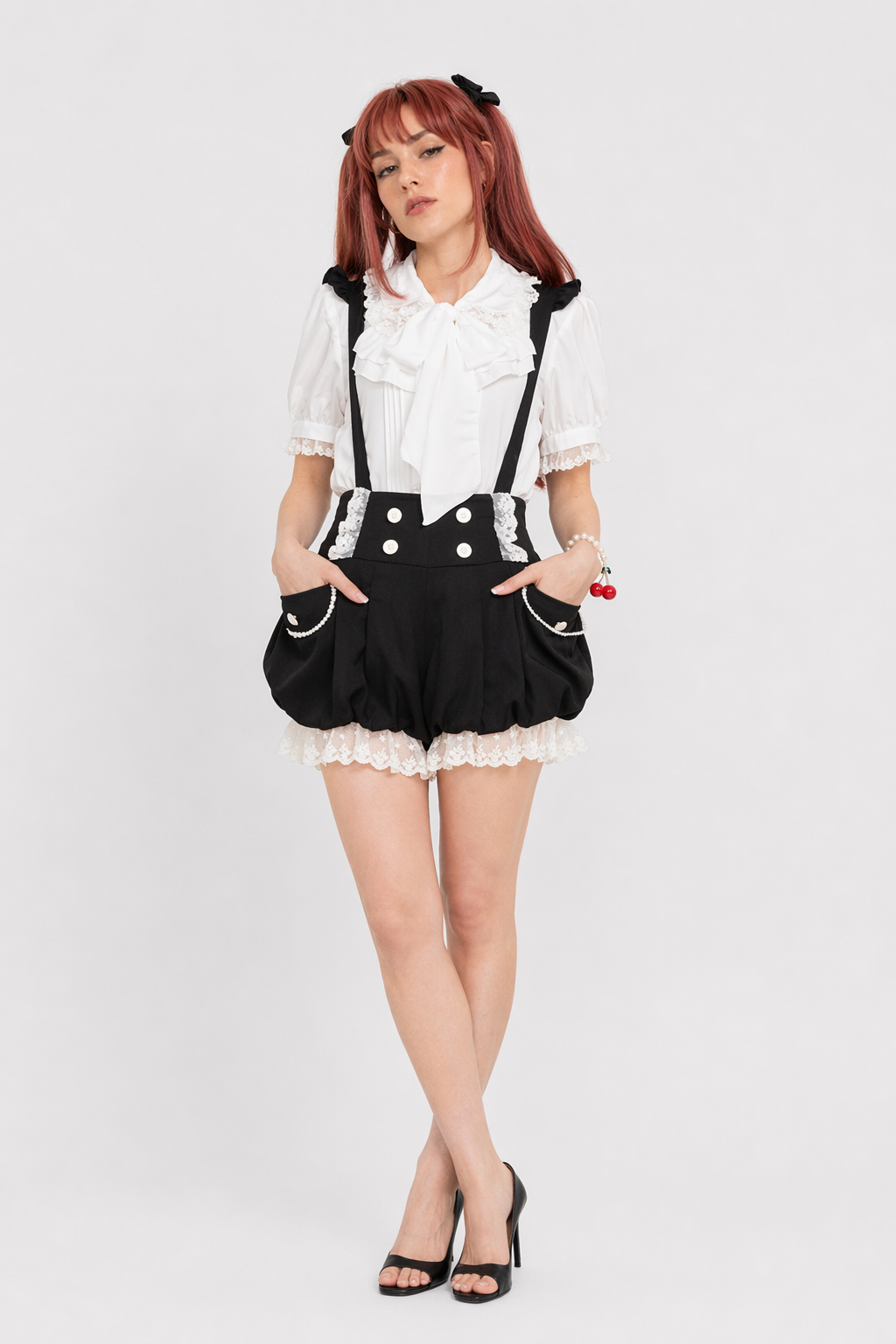 Black and White Bloomer-Style Shorts with Lace Ruffles and Pockets Black Shorts