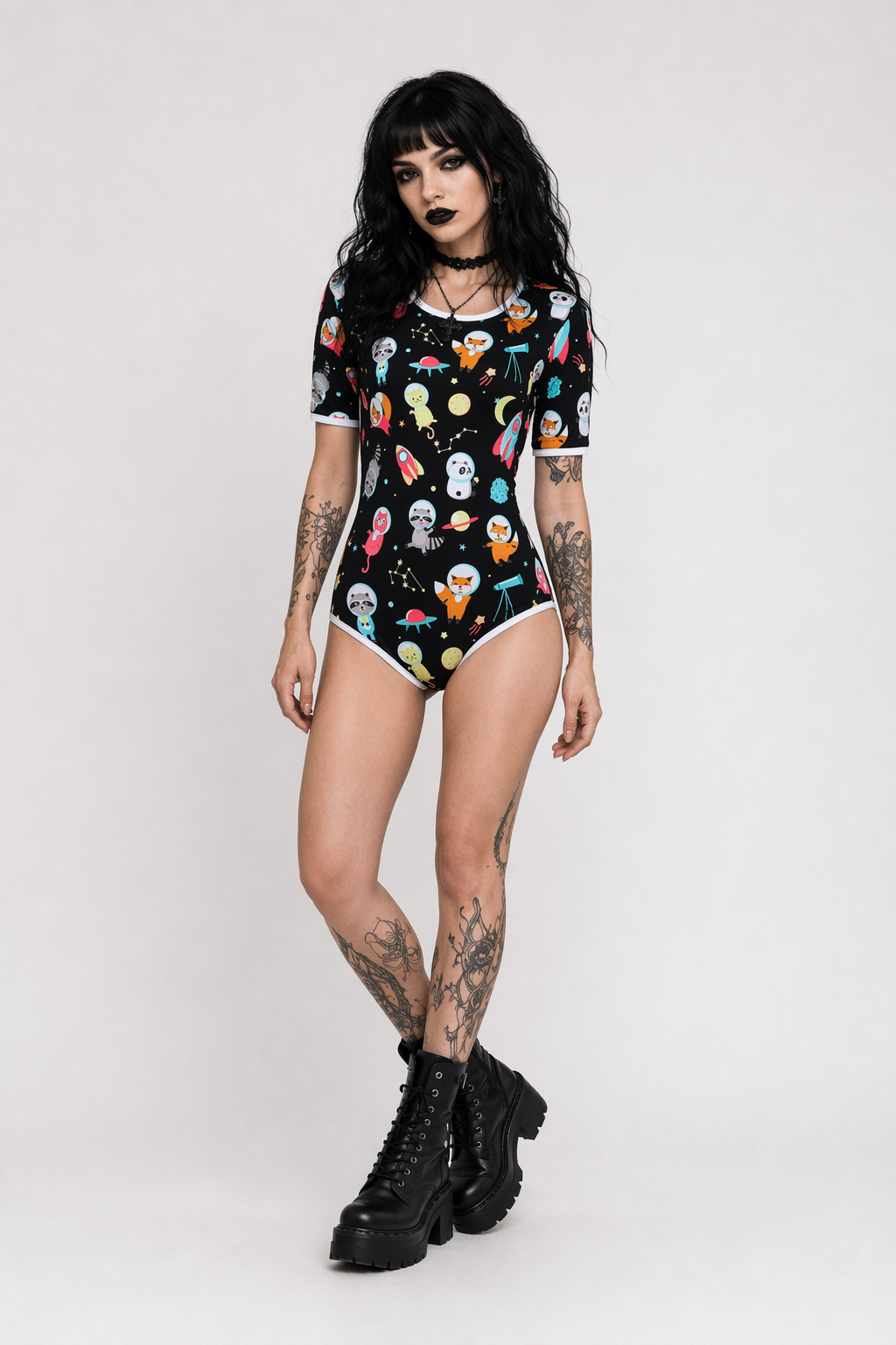 Black Outer Space Inspired Onesie with Size Chart for Kids Animals In Space