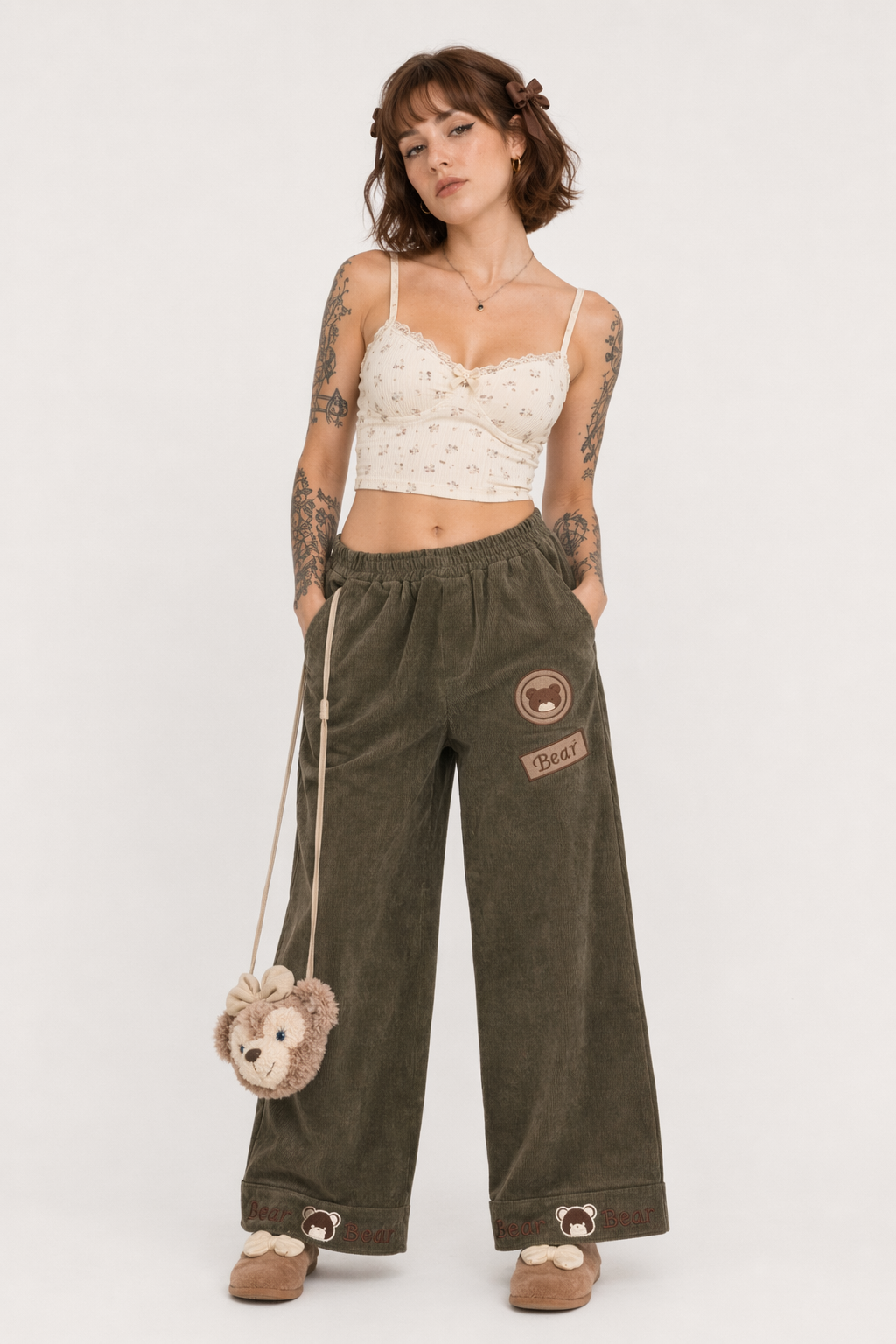 Cute Brown Baby Bear Corduroy Pants for Cottagecore Aesthetic Olive