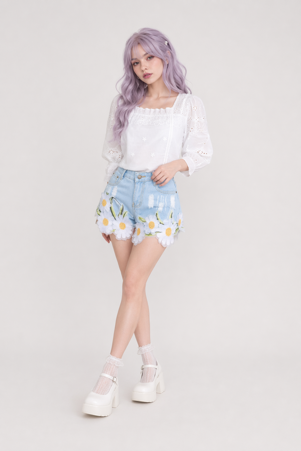 Pastel Princess Embroidered Denim Daisy Shorts L