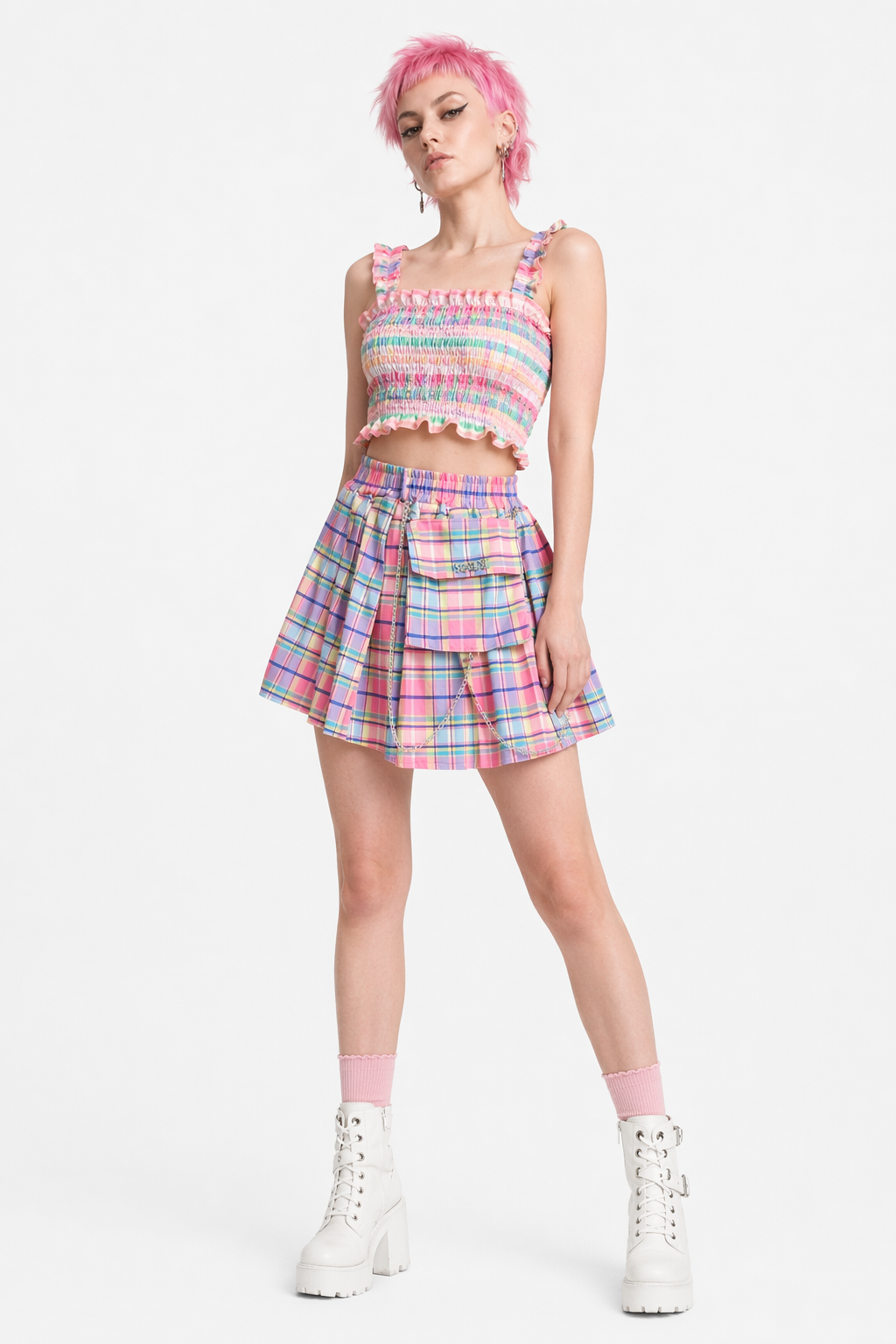 Bubblegum Rainbow Plaid Skirt with Cargo Pocket and Stretchy Waistband M