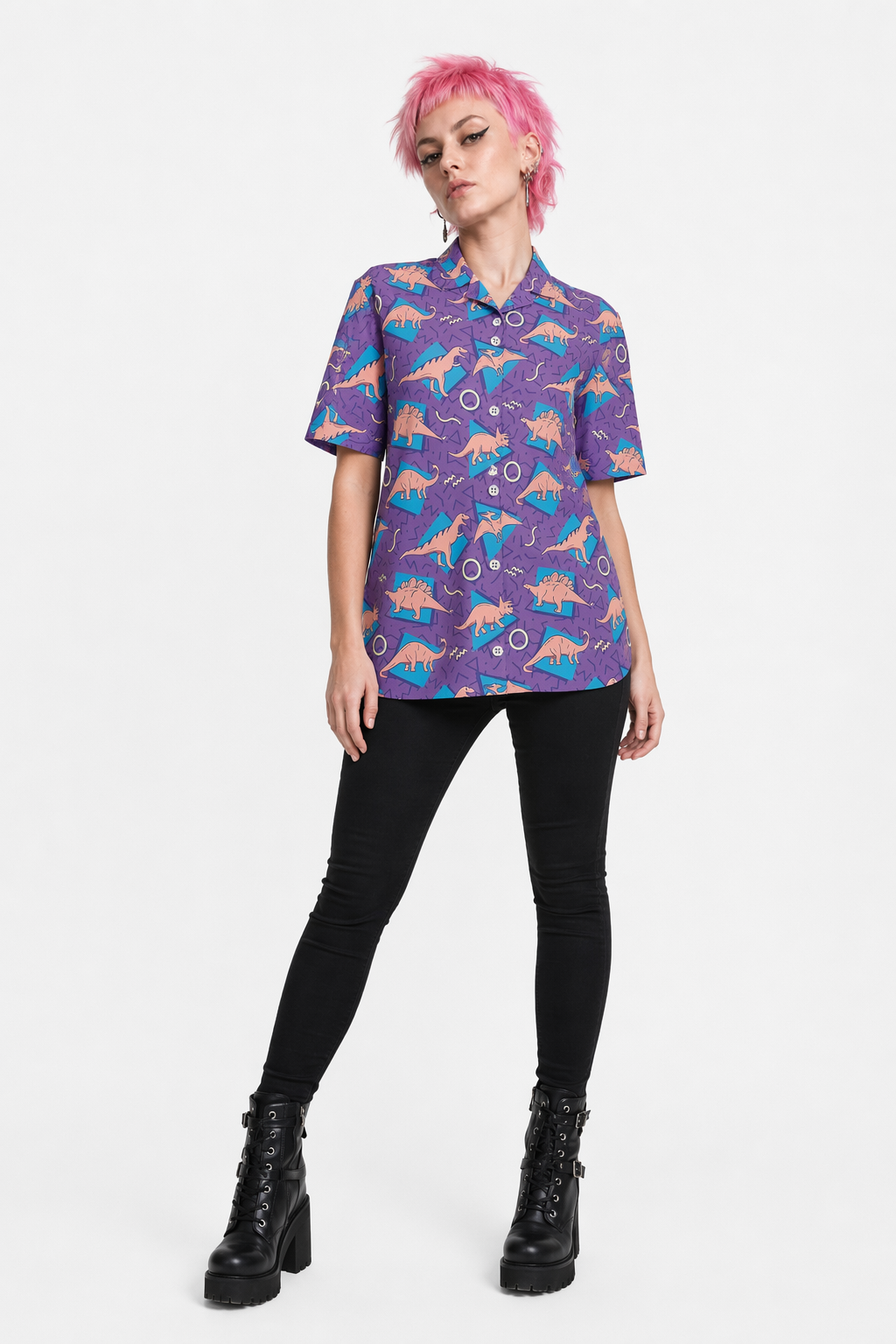 Purple and Blue Dinosaur Button Up Retro 90s Dino Tee M