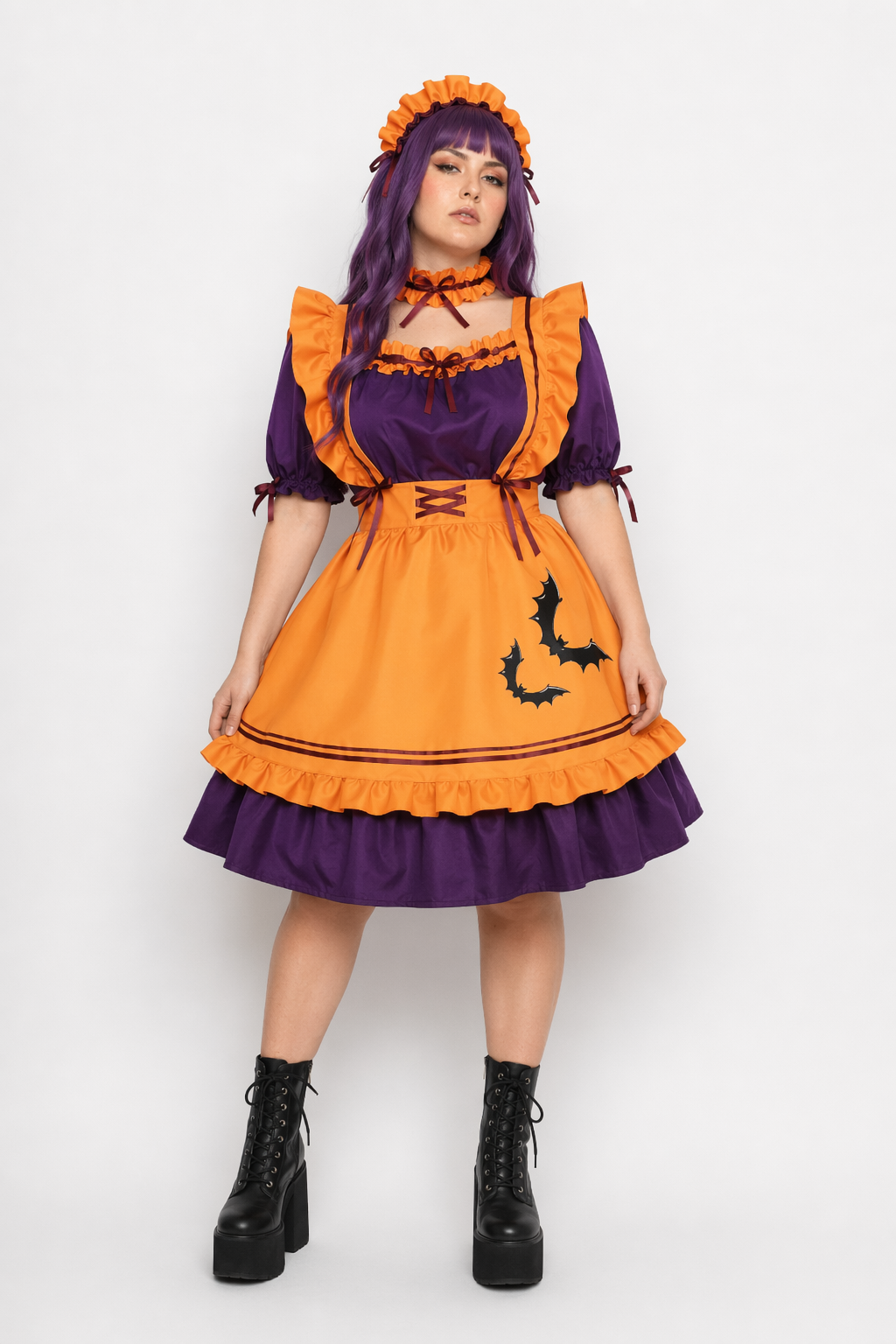 Black and Eggplant Purple Halloween Inspired Maid Lolita Dress 47cm Width 4XL