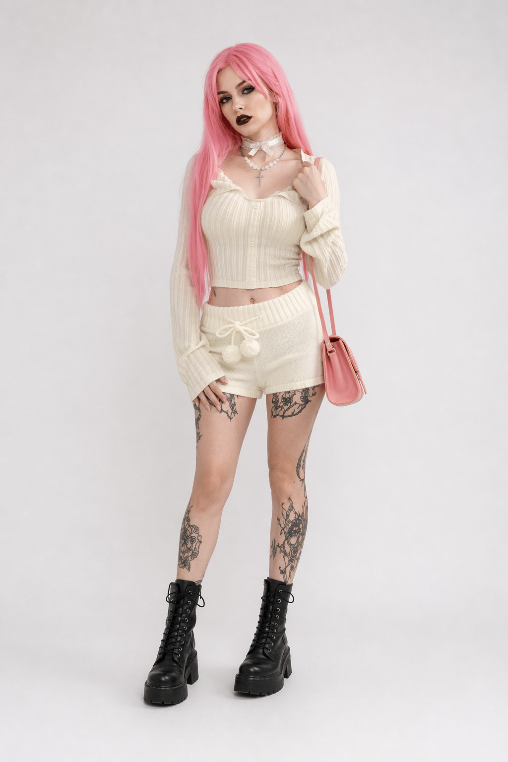 Cream Knit Cropped Sweater in Striped Cable Knit Fabric M
