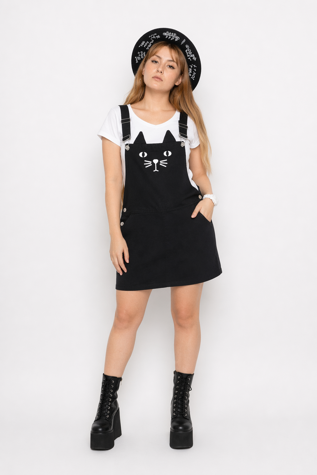 Adorable Black Jean Romper with Neko Cat Face Design XL